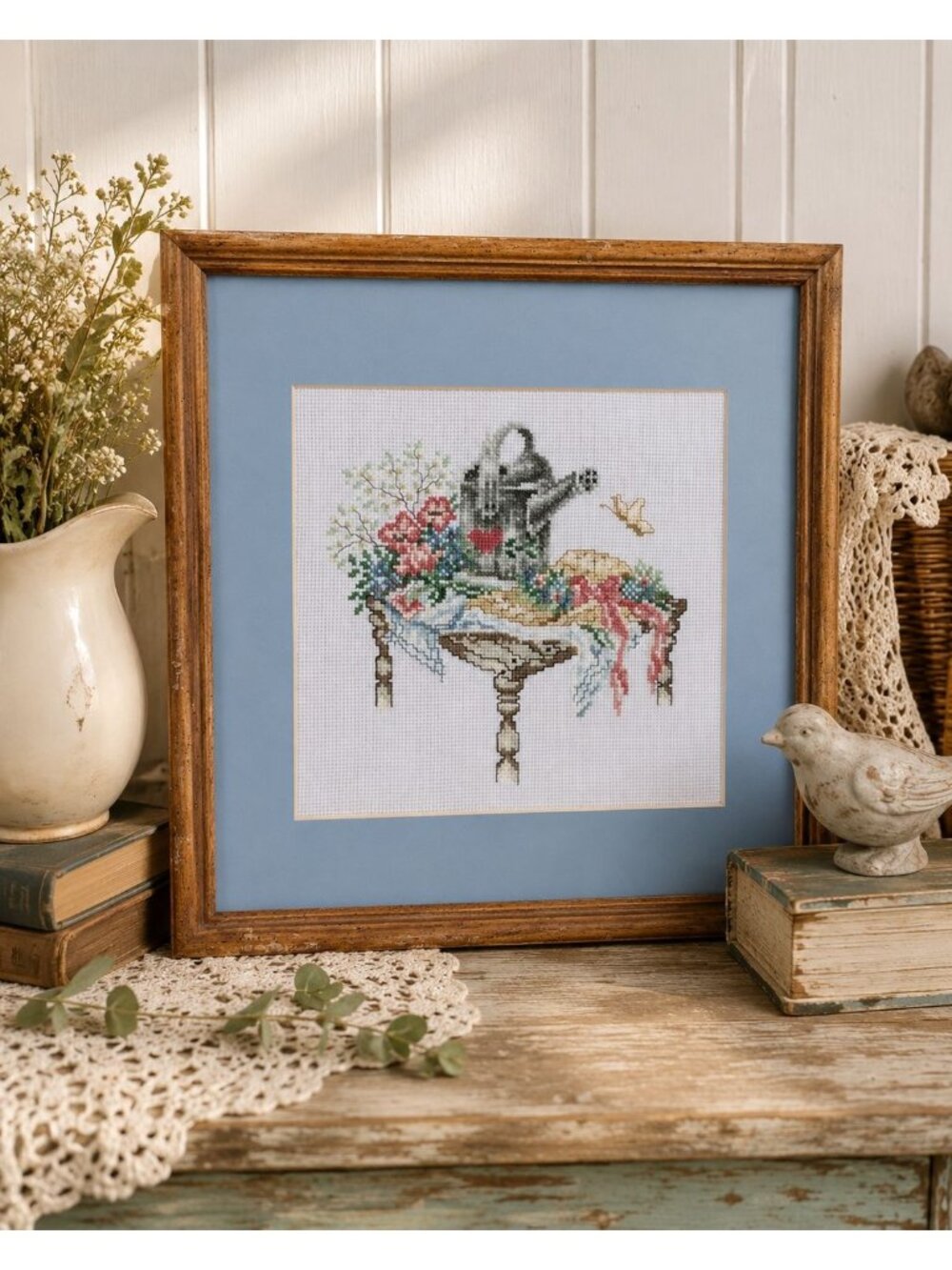 Framed Cross-Stitch Art Watering Can Floral Motif & Butterfly Wood Frame